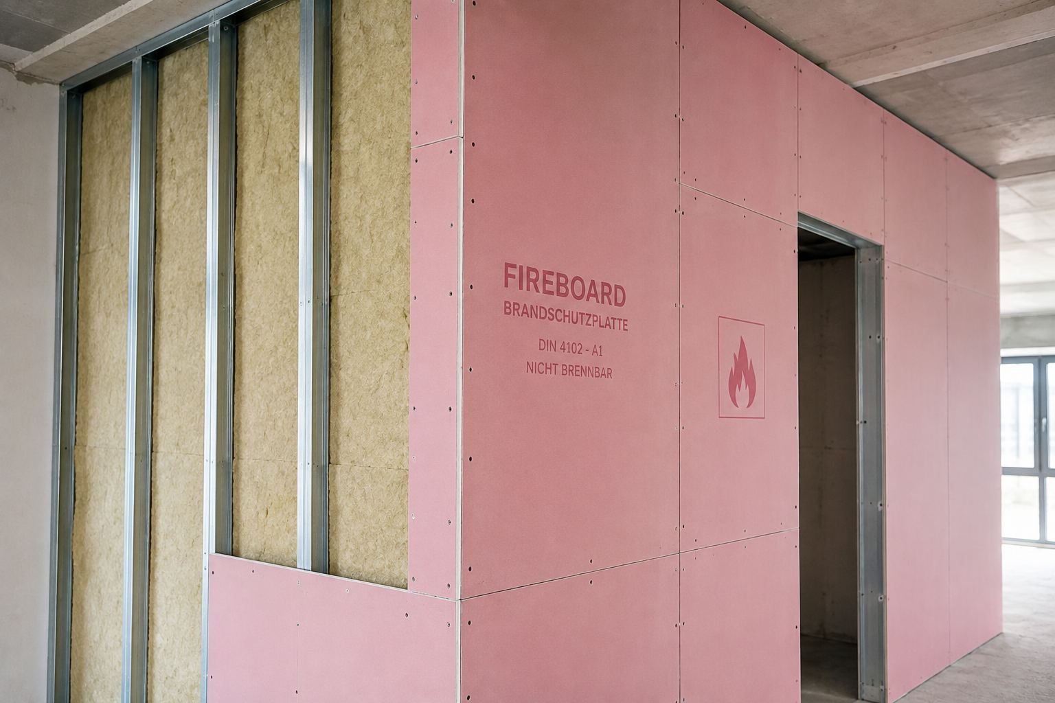 Brandschutzwand mit rosa Fireboard-Brandschutzplatten und Metallständerwerk (KI-generierte Visualisierung)