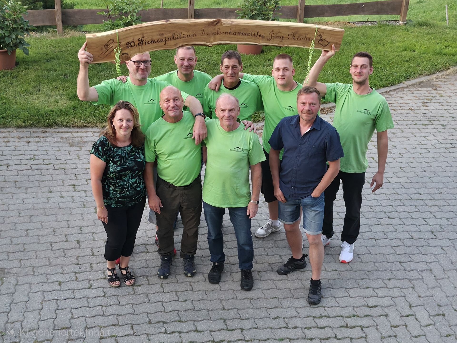Das Team von Trockenbau Neuber mit Jubiläumsschild zum 20. Firmenjubiläum – KI-gestützte Visualisierung